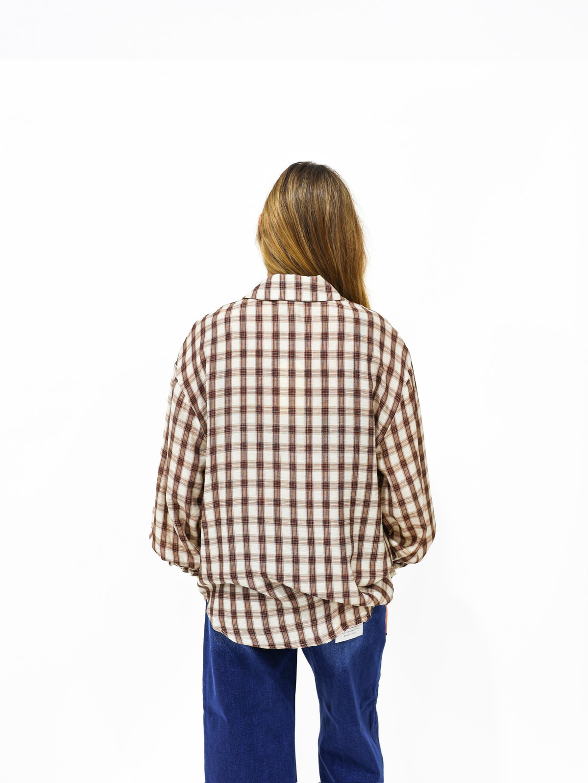 Brown Gingham Plaid Ruffle Cuff Shirt