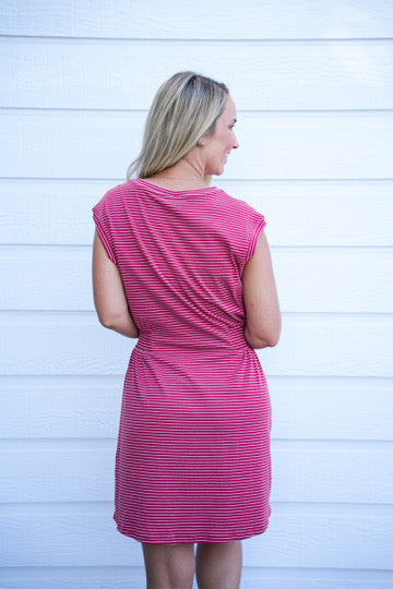 Striped Crew Neck Mini Dress - Crimson Red