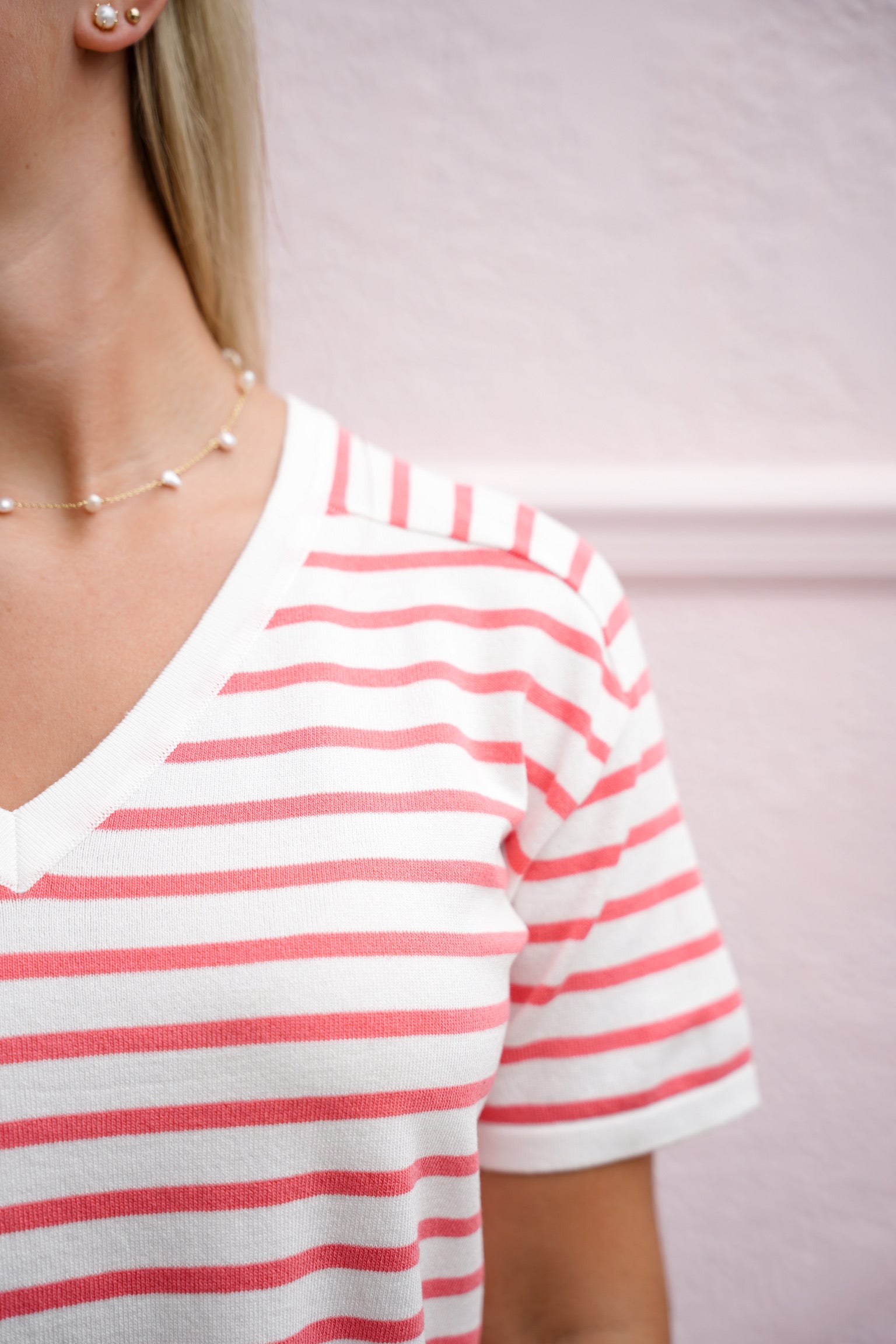 Ivory Coral Striped VNeck Sweater - Southern Belle Boutique