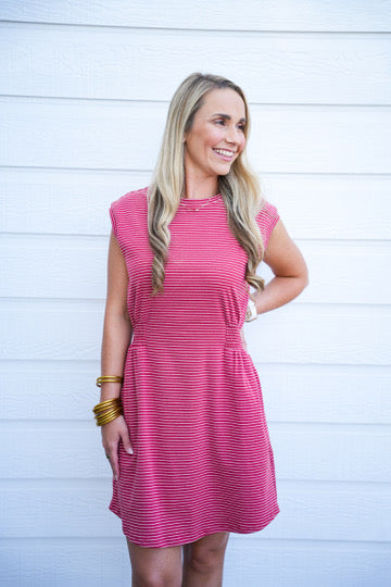 Striped Crew Neck Mini Dress - Crimson Red
