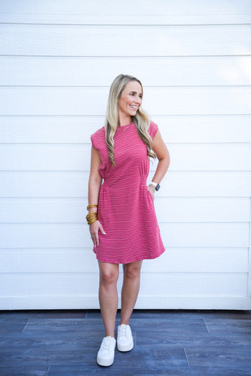 Striped Crew Neck Mini Dress - Crimson Red