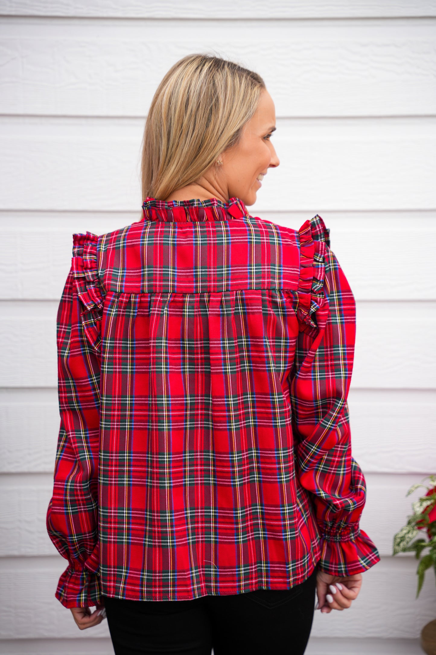 Red Christmas Plaid Smocked Blouse