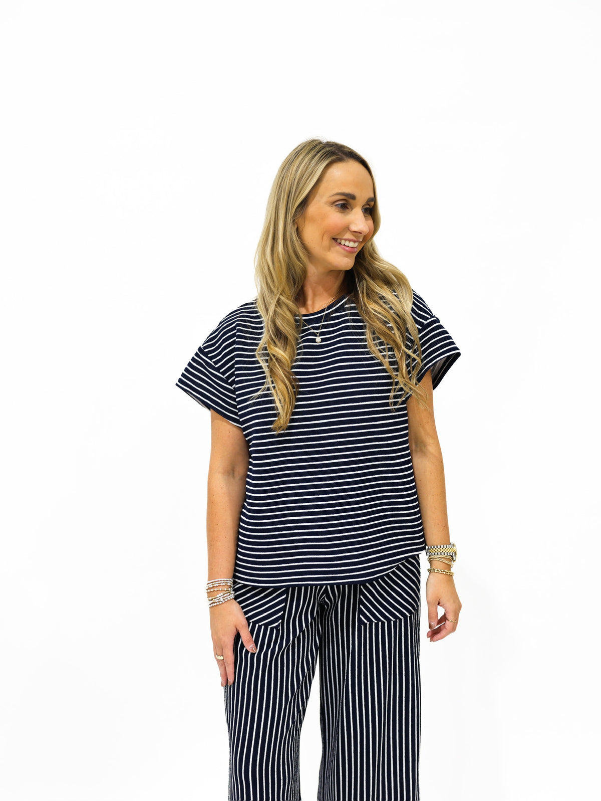 Navy Blue Striped Pant Set