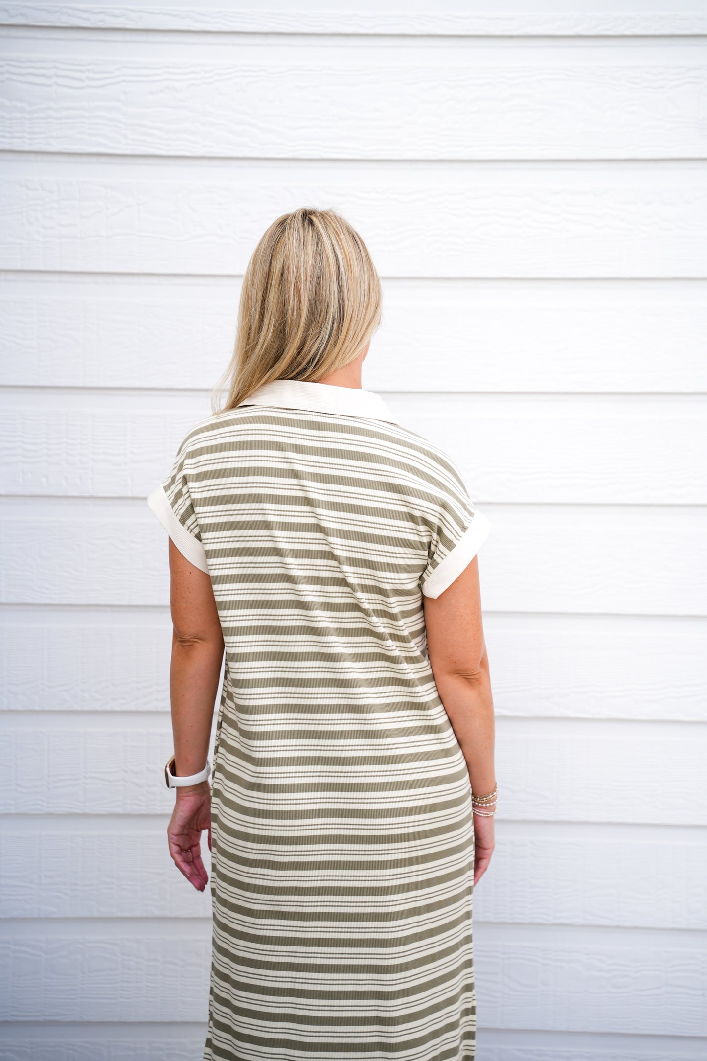 Ivory Sage Striped V-Neck Midi Dress