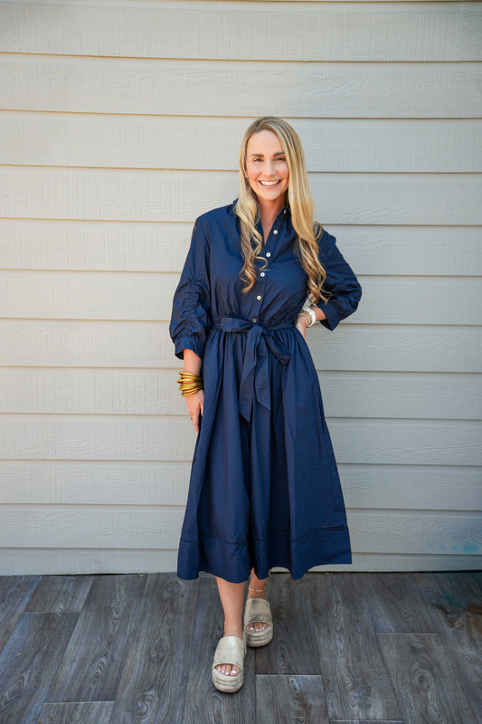 Eyelet Detailed Button Down Midi Dress - Blue Black