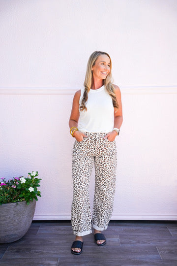 High Rise Crop Barrel Leopard Cuffed Jeans - Cream