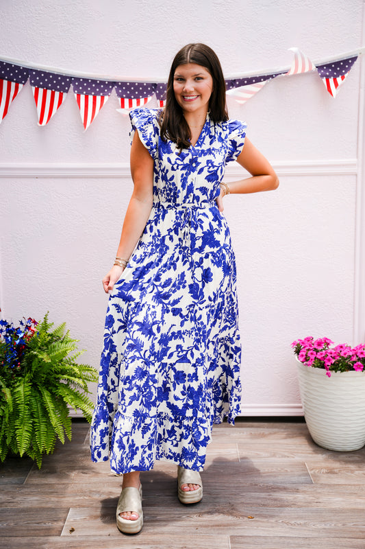 Blue Floral Printed Tiered Maxi Dress