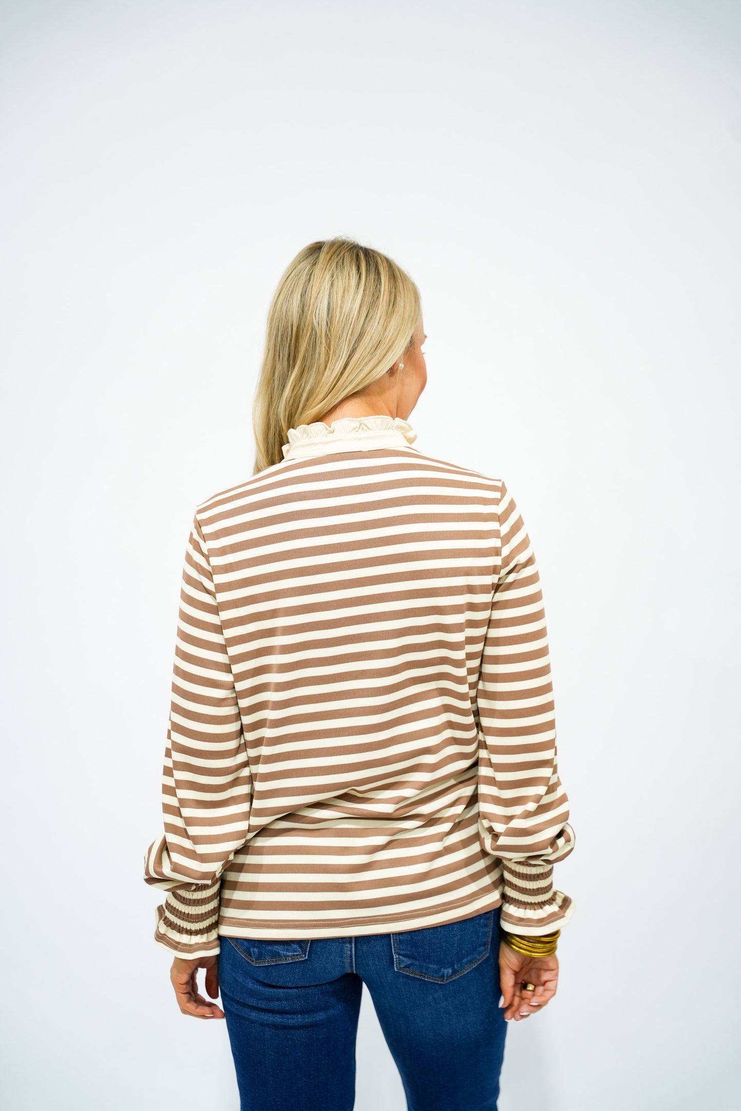 Camel Cream Striped Ruffle Collar Top