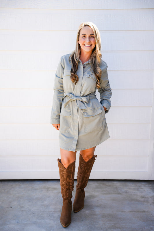Alva Cargo Belted Dress - Olive - Southern Belle Boutique