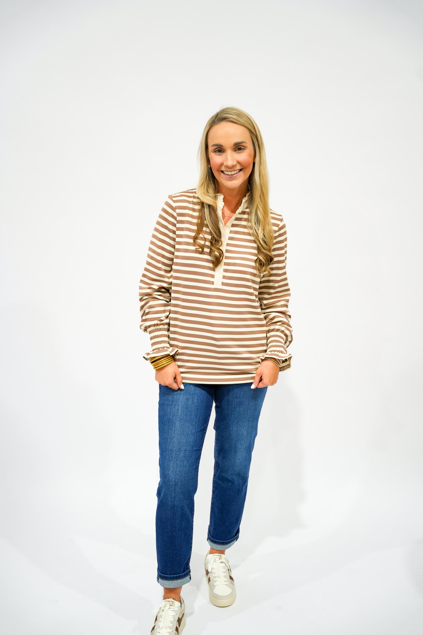 Camel Cream Striped Ruffle Collar Top
