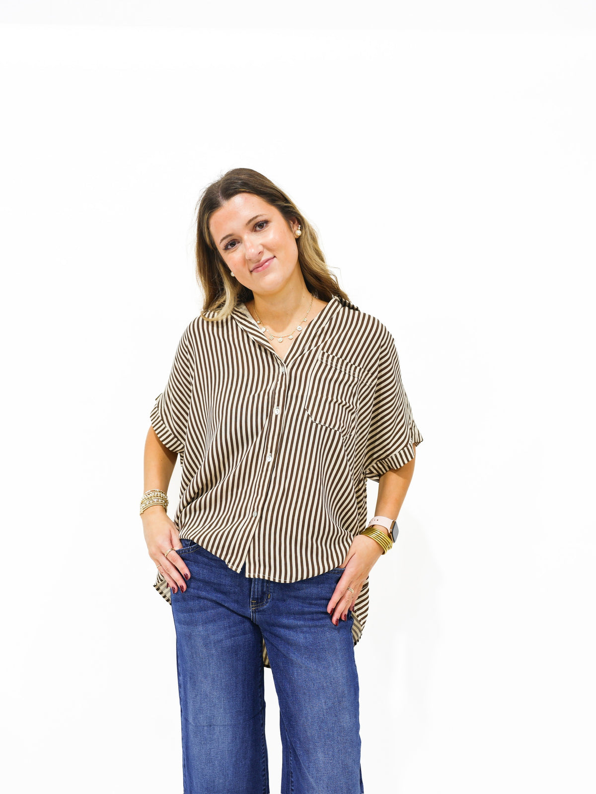 Brown Striped Button Down Shirt - Southern Belle Boutique