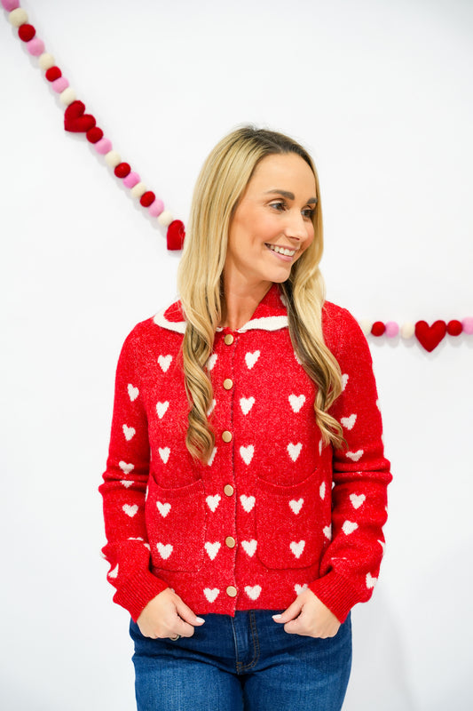 Heart Pattern Scallop Collar Button Down Cardigan
