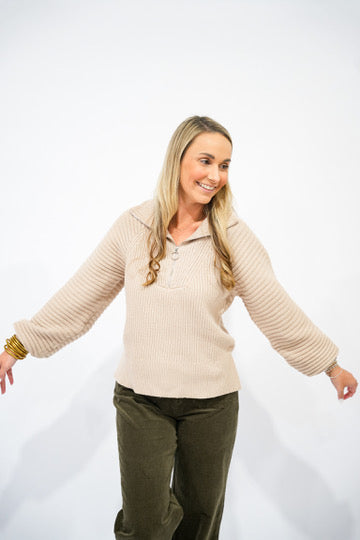 Taupe Half Zip Balloon Sleeve Sweater
