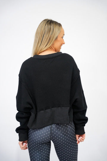 Waffle Knit Oversized Long Sleeve Top - Black - Southern Belle Boutique