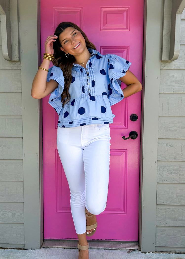 Blue Navy Polka Dot Ruffle Blouse