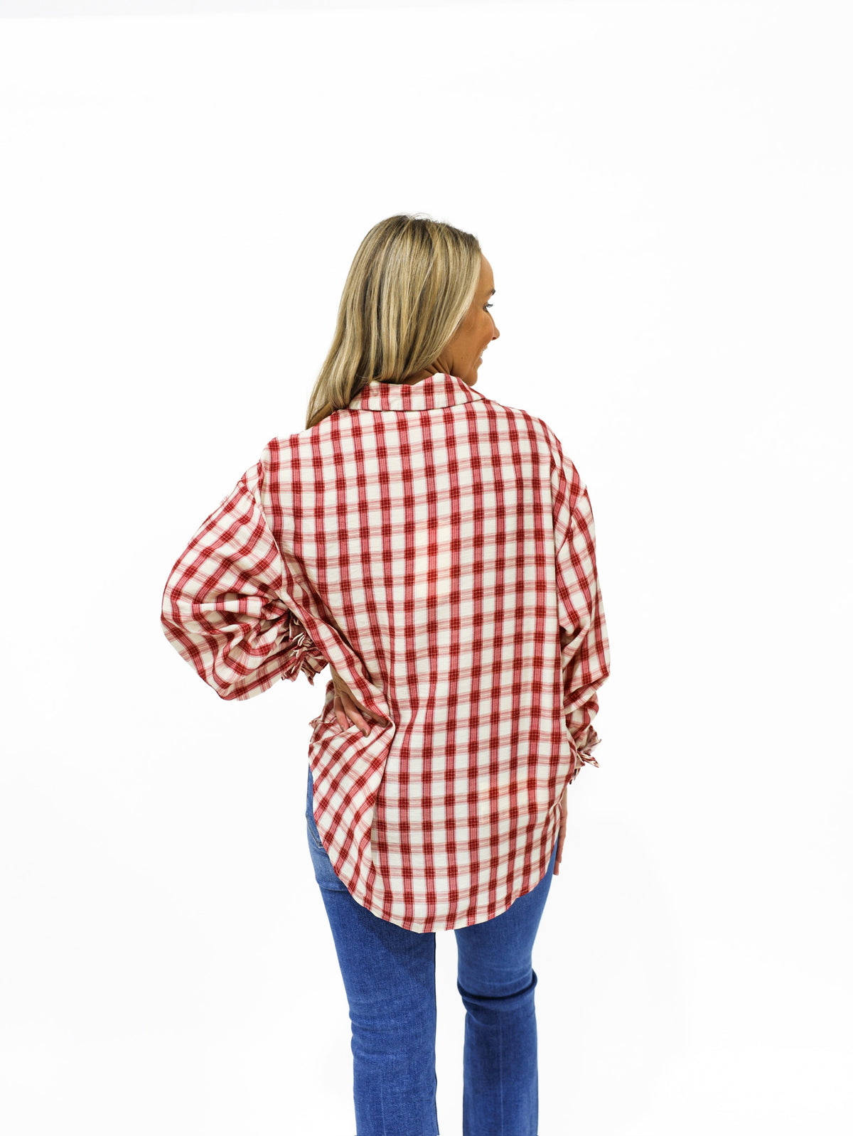 Burgundy Gingham Plaid Ruffle Cuff Shirt