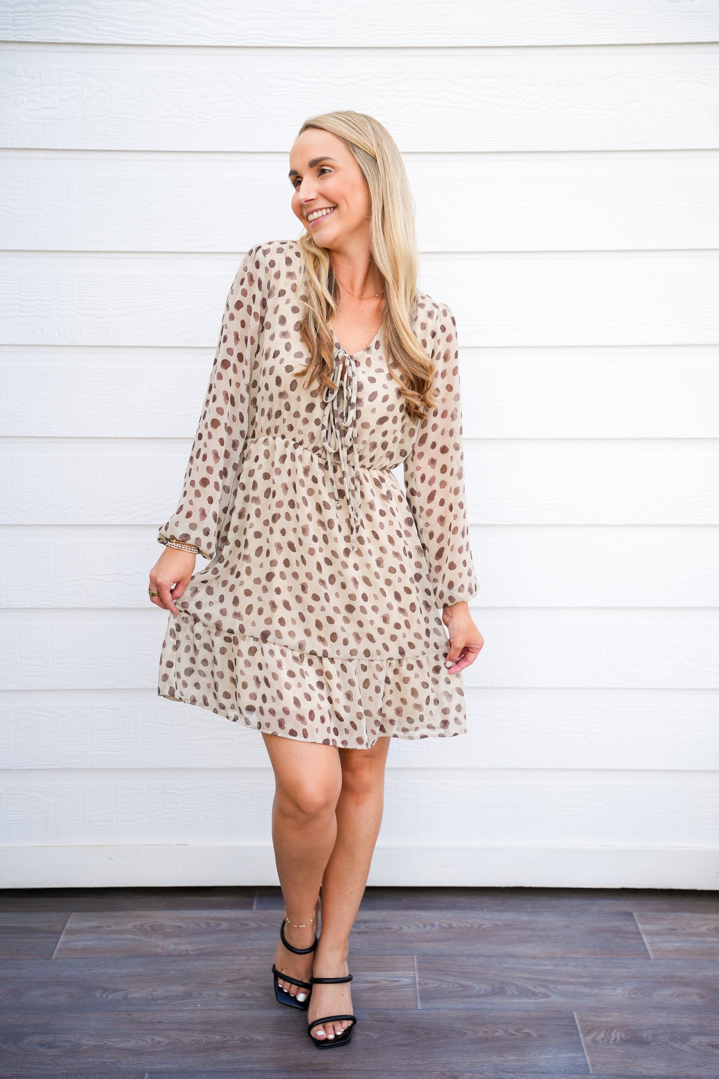 Tan Brown Spotted VNeck Front Tie Mini Dress