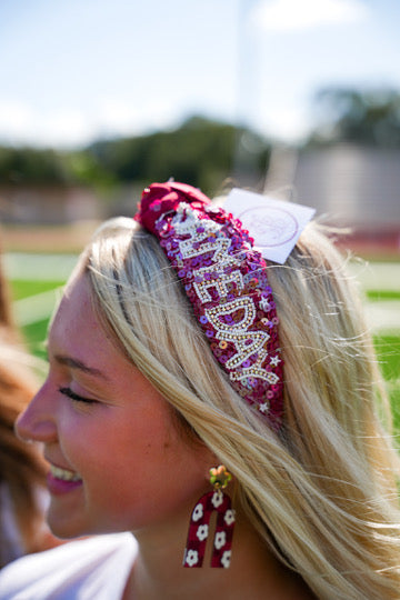 Maroon Sequin Headband with White Rhinestone Game Day