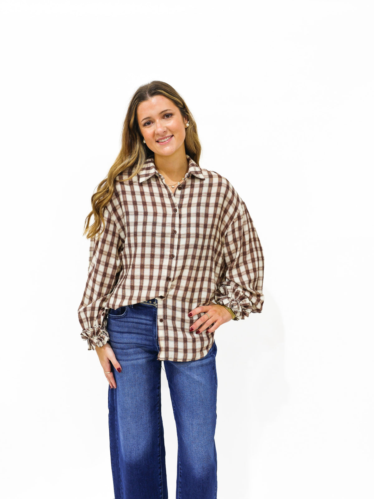 Brown Gingham Plaid Ruffle Cuff Shirt