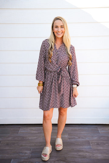 Brown Abstract Waist Tie Mini Dress