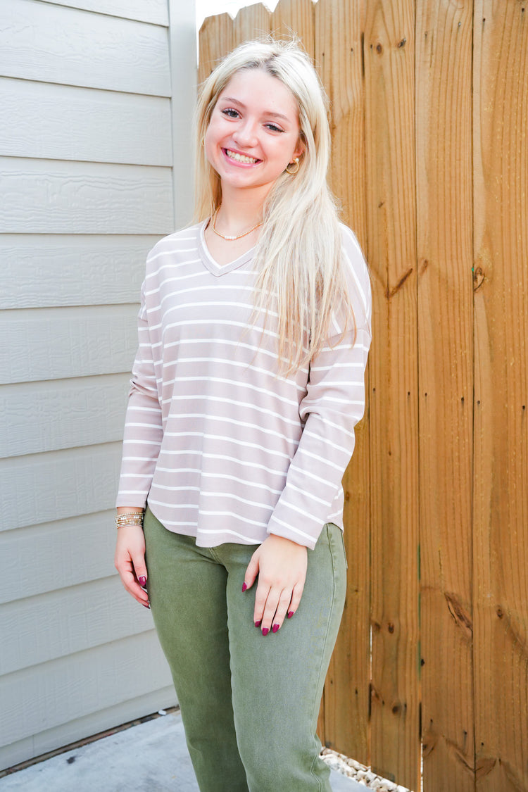 Taupe Striped VNeck Top