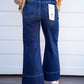Tummy Control Mid Rise Crop Wide Pintuck Front Jeans - Deep Blue