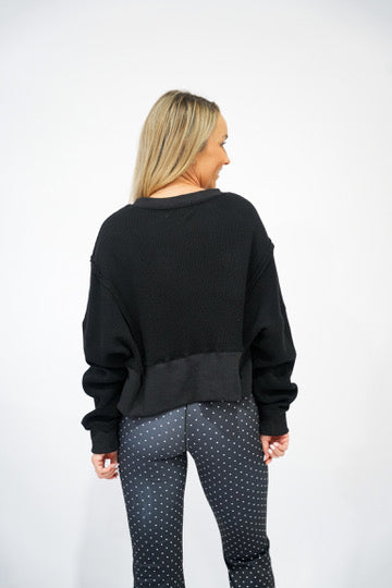 Waffle Knit Oversized Long Sleeve Top - Black - Southern Belle Boutique