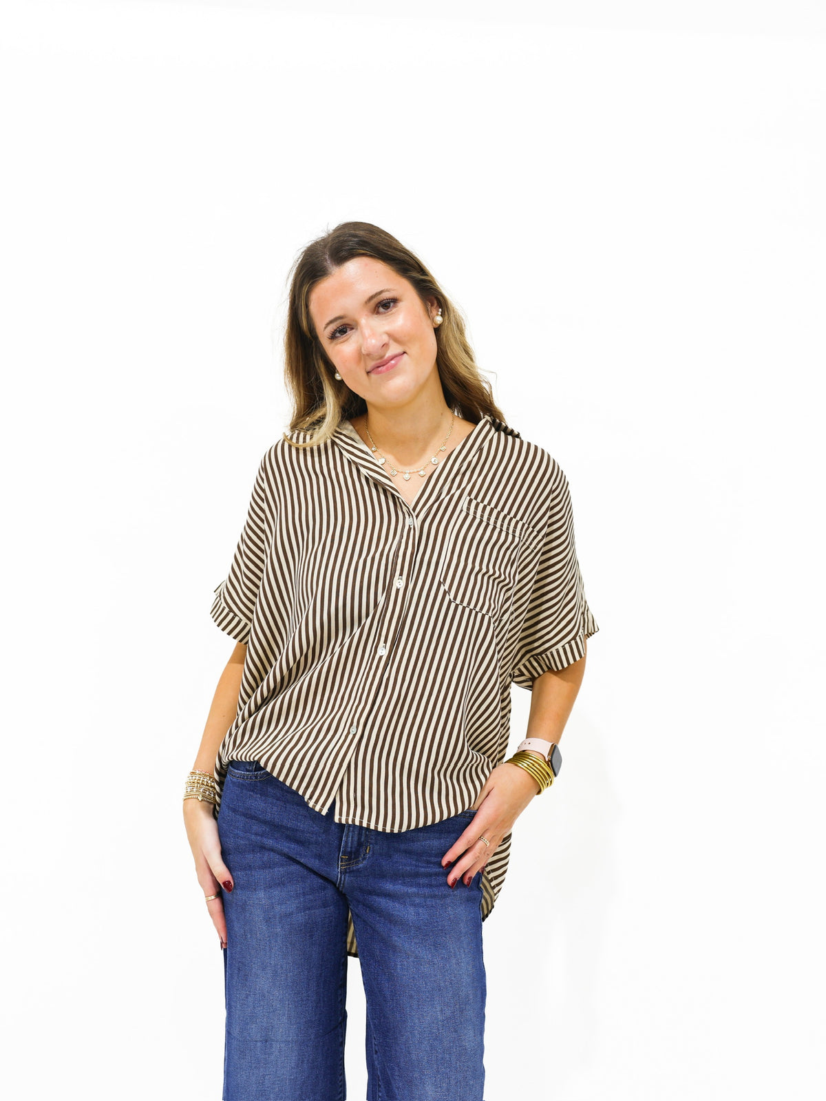 Brown Striped Button Down Shirt - Southern Belle Boutique