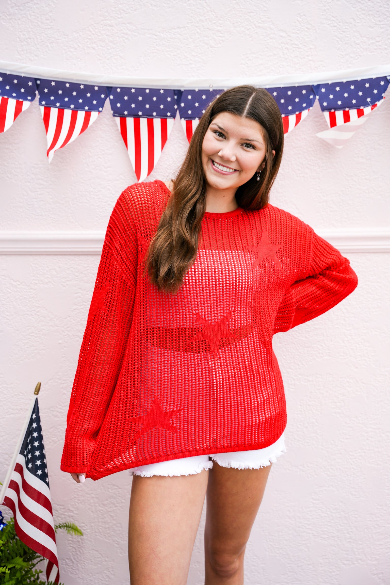 Red Star Pattern Crochet Sweater - Southern Belle Boutique