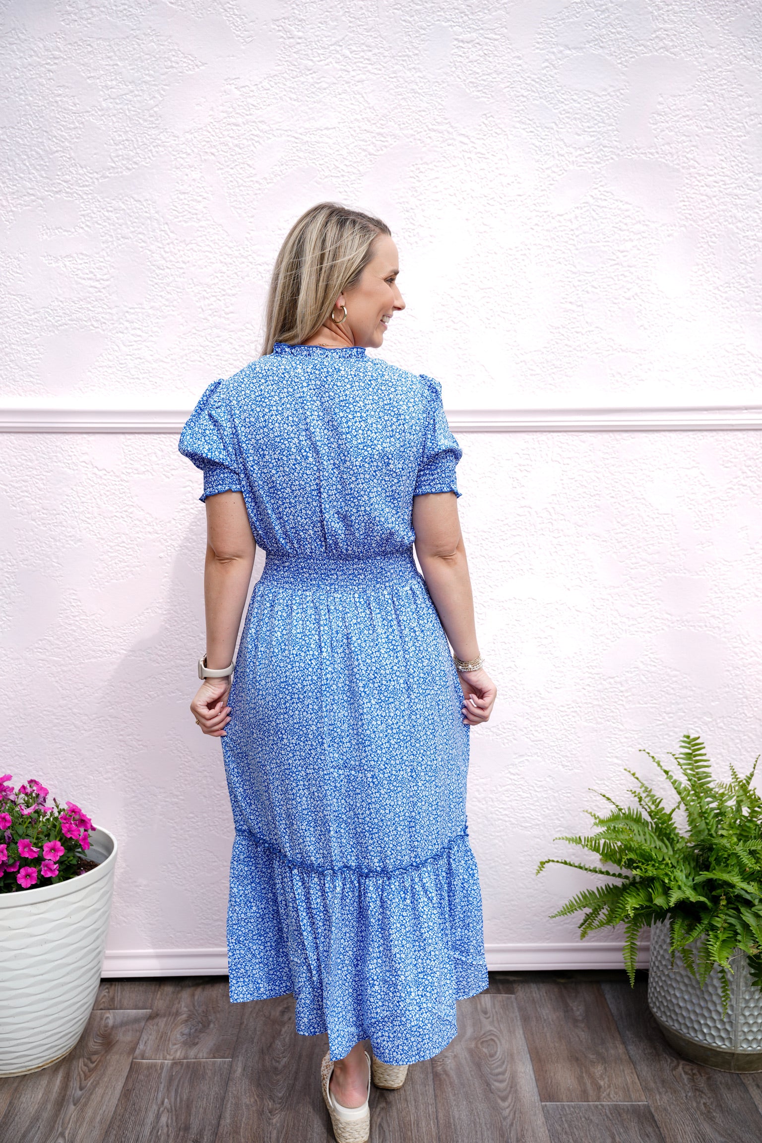 Smocked Waist Flower Print Midi Dress - Blue - Southern Belle Boutique