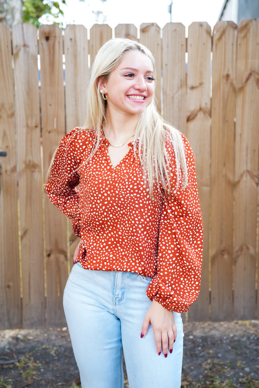 Rust Polka Dot VNeck Top