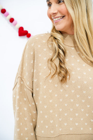 Heart Pattern Drop Shoulder Knit Pullover Sweater