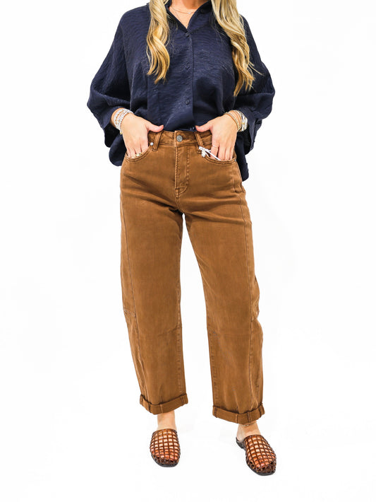 High Rise Cuffed Barrel Jean - Espresso - Southern Belle Boutique
