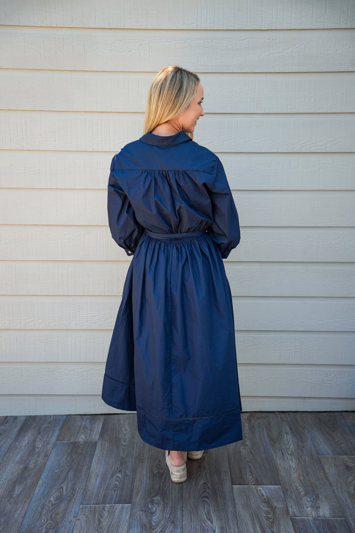 Eyelet Detailed Button Down Midi Dress - Blue Black