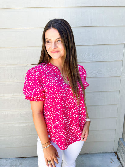 Hot Pink Heart Pattern Printed Blouse Top - Southern Belle Boutique