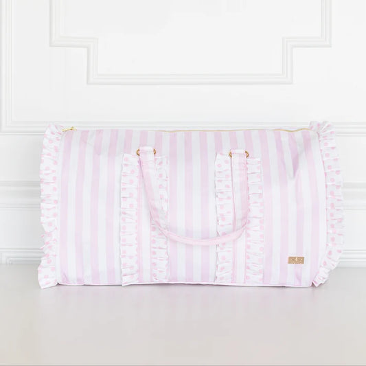 Ruffled Nylon Weekender - Pink Polka Stripe