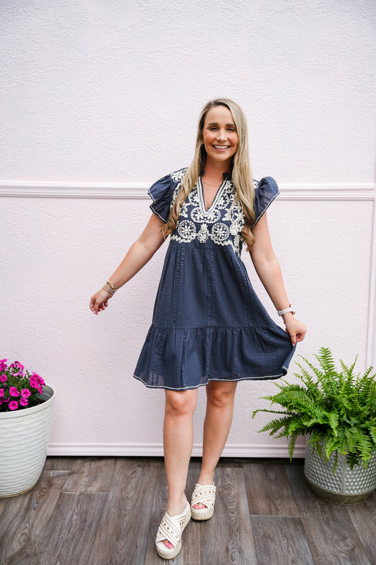 Flutter Sleeve Embroidered V-Neck Dress - Navy - Southern Belle Boutique