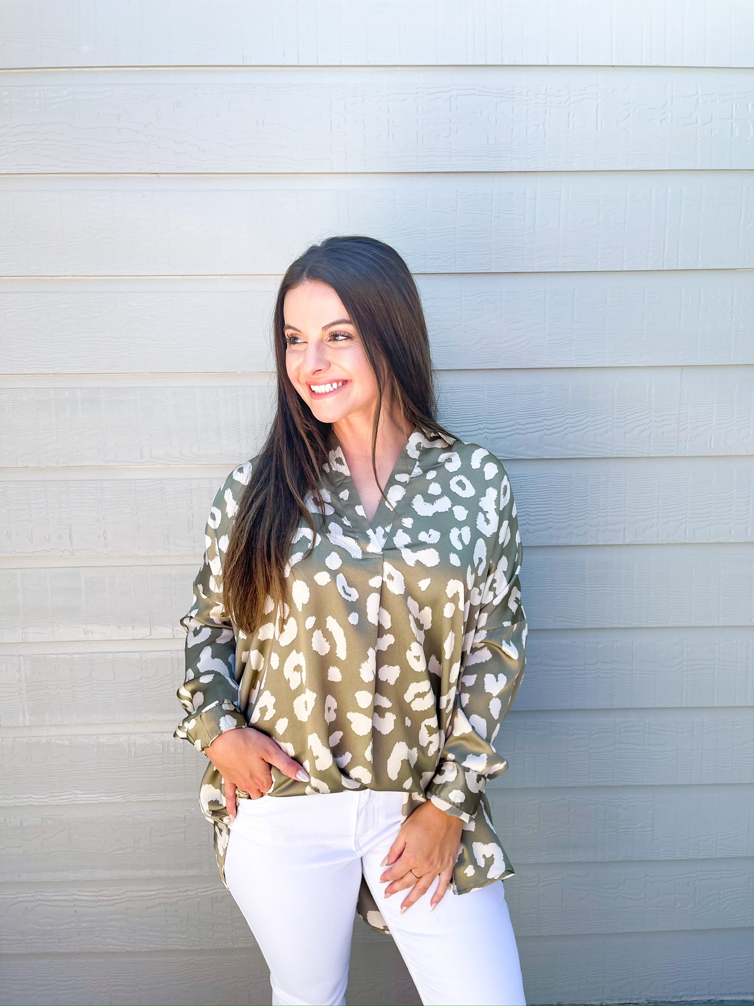 Mocha Spotted VNeck Blouse - Southern Belle Boutique