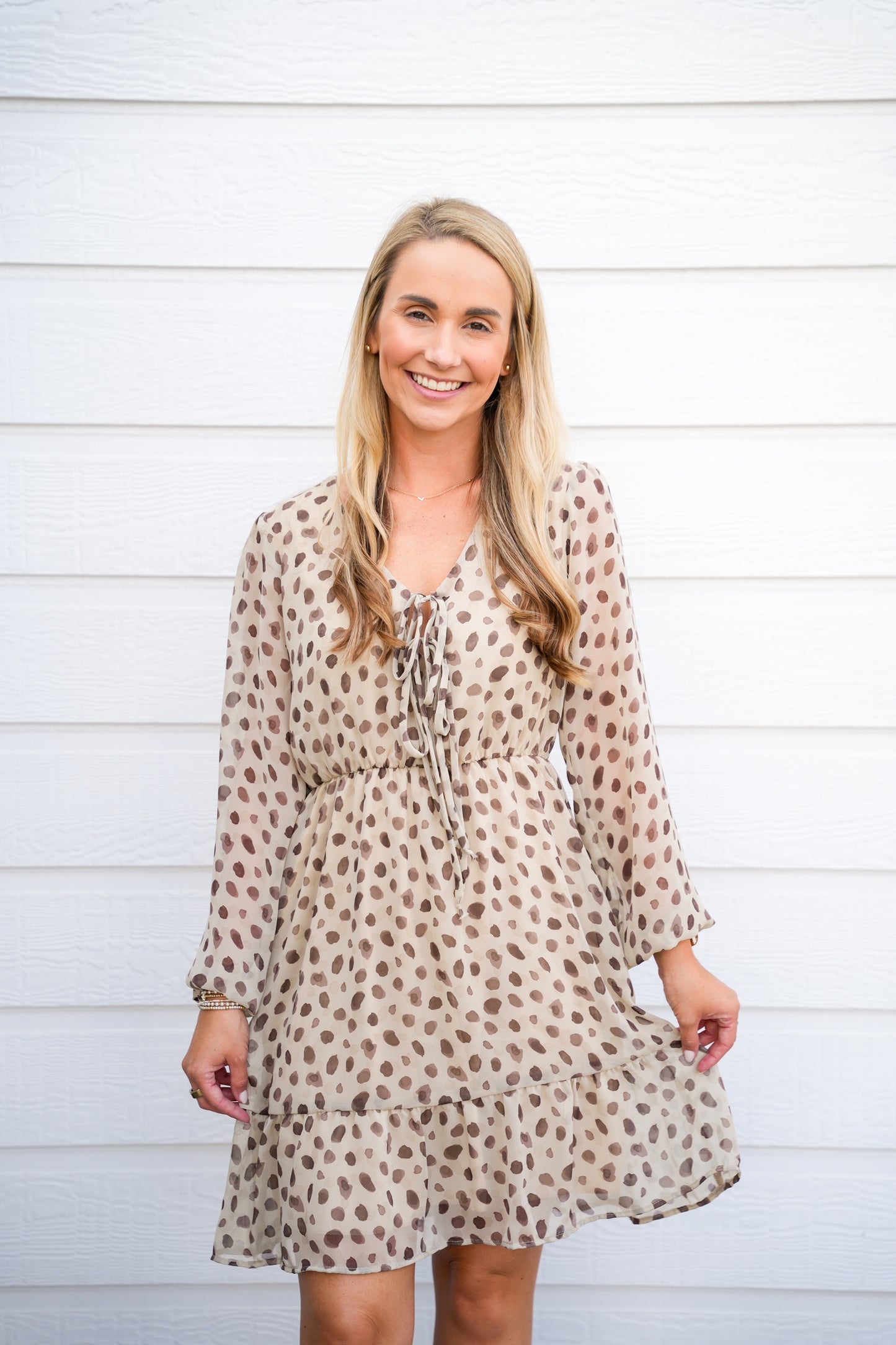 Tan Brown Spotted VNeck Front Tie Mini Dress