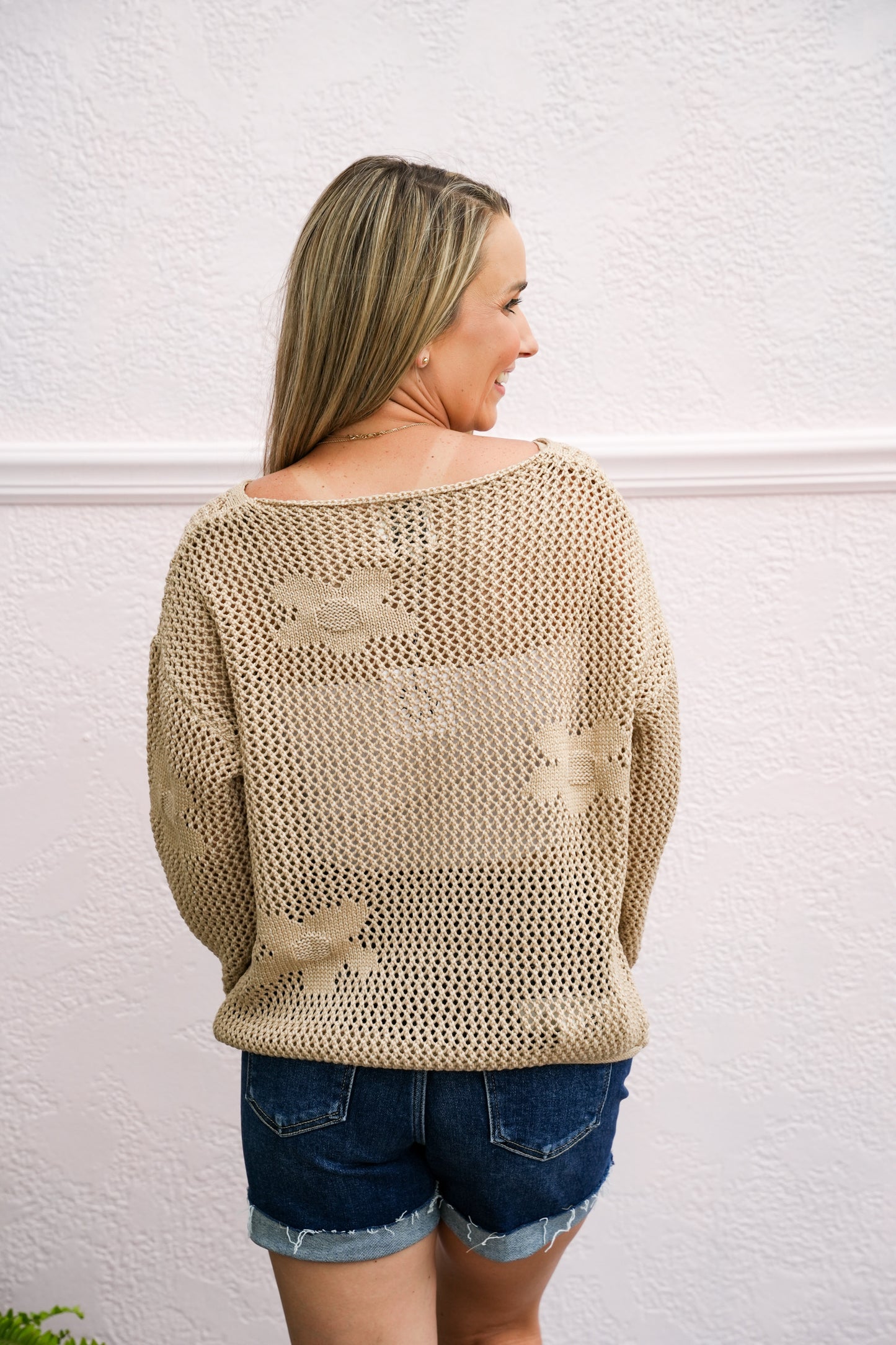 Beige Flower Crochet Stitch Sweater - Southern Belle Boutique