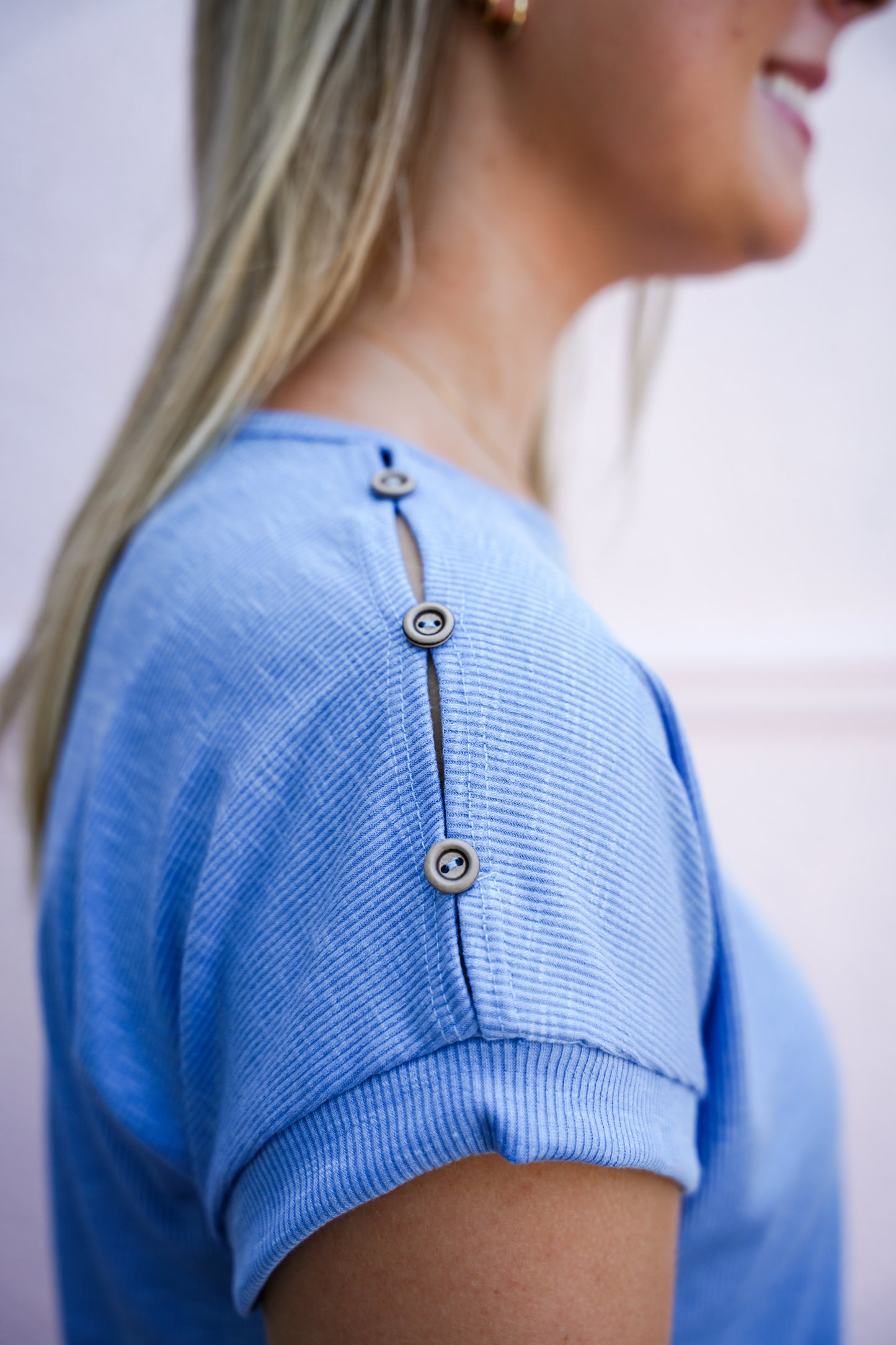 Blue Crew Neck Button Shoulder Top - Southern Belle Boutique