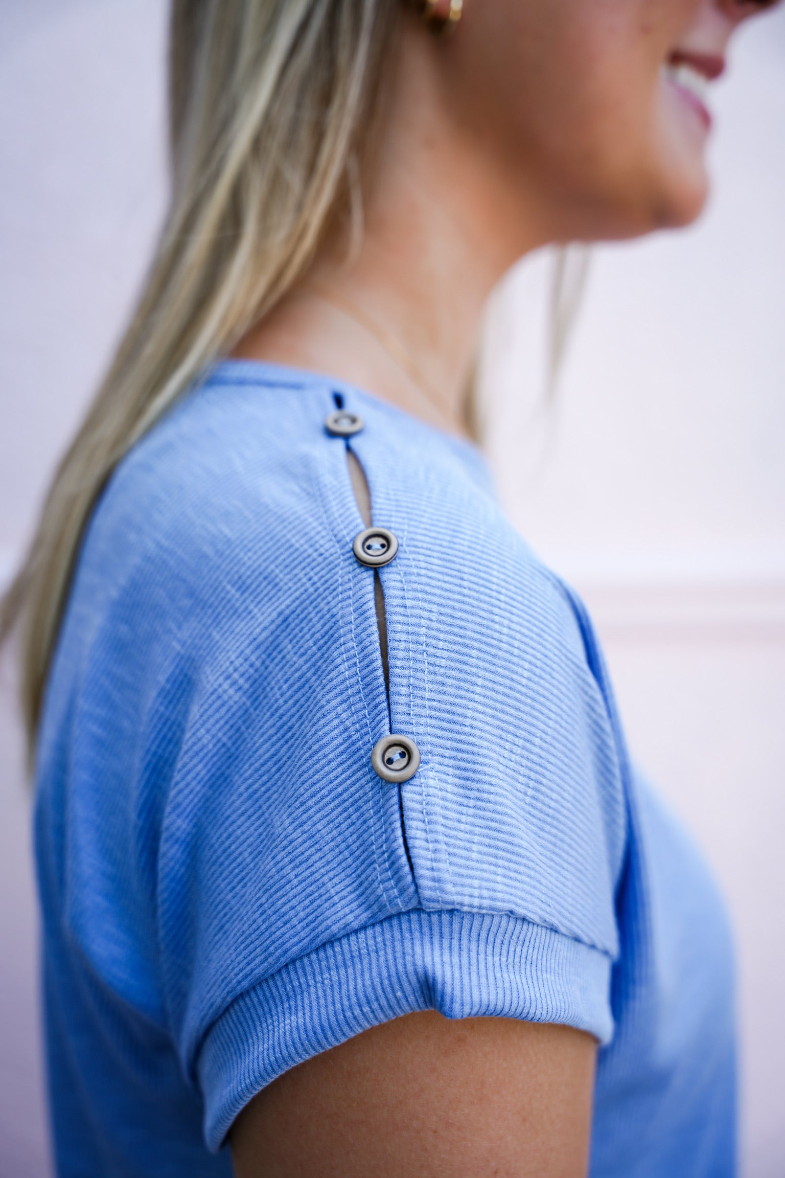 Blue Crew Neck Button Shoulder Top - Southern Belle Boutique