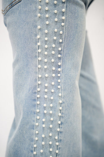Mid Rise Flare Jean w/Split Cuff - Pearl Embellishment