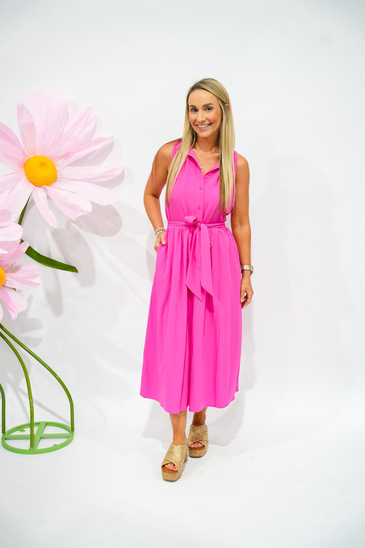 Hot Pink Sleeveless Maxi Shirt Dress - Southern Belle Boutique