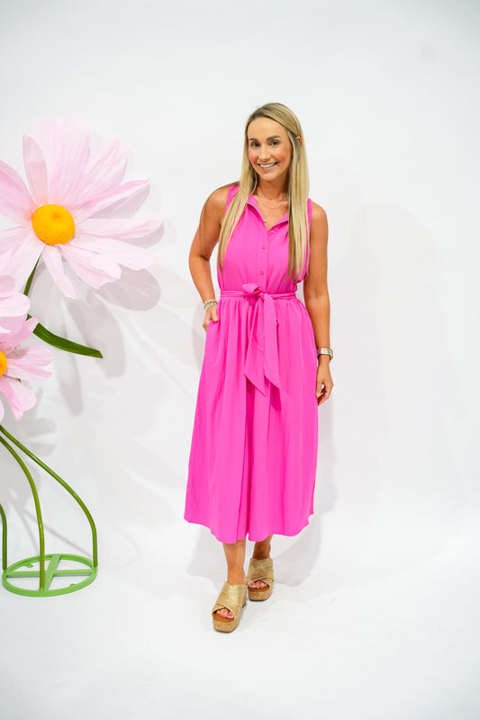 Hot Pink Sleeveless Maxi Shirt Dress - Southern Belle Boutique