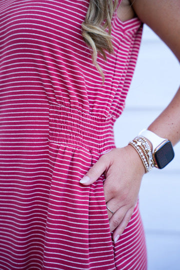 Striped Crew Neck Mini Dress - Crimson Red