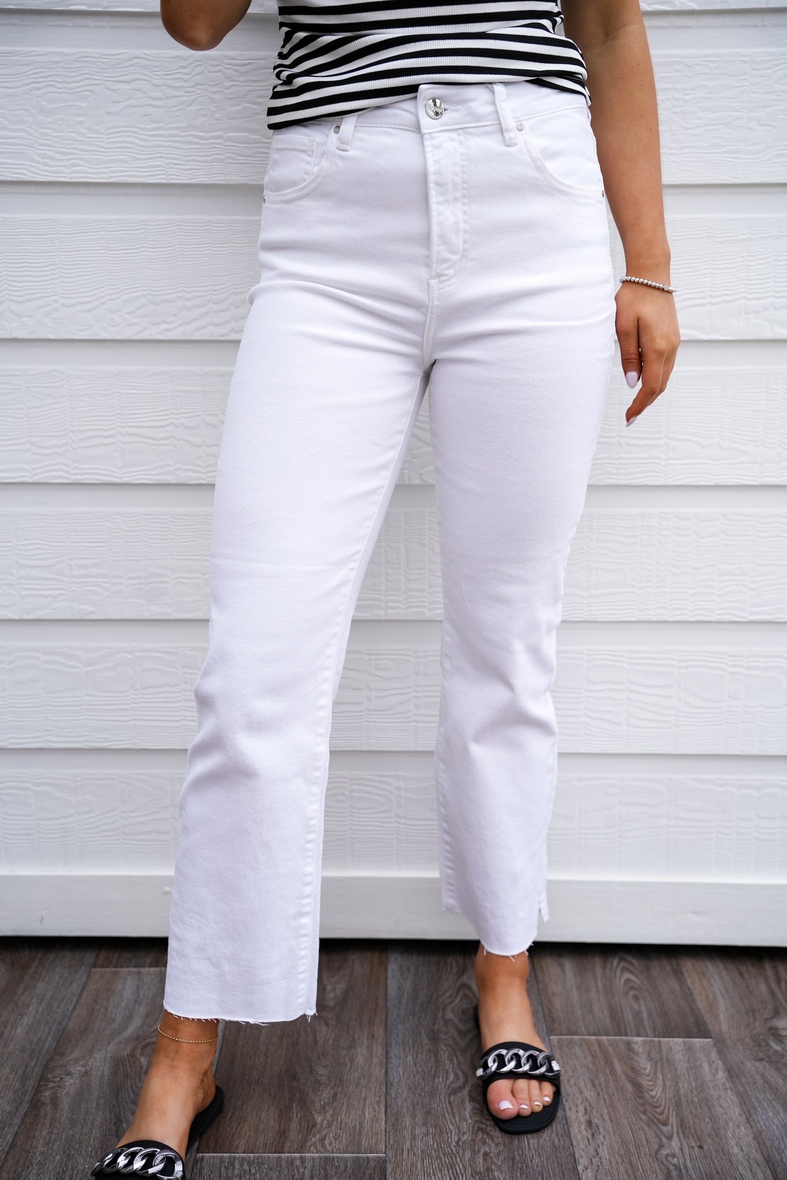 White Tummy Control High Rise Raw Hem Jean - Southern Belle Boutique