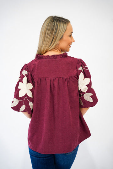 Burgundy Suede Embroidered Blouse