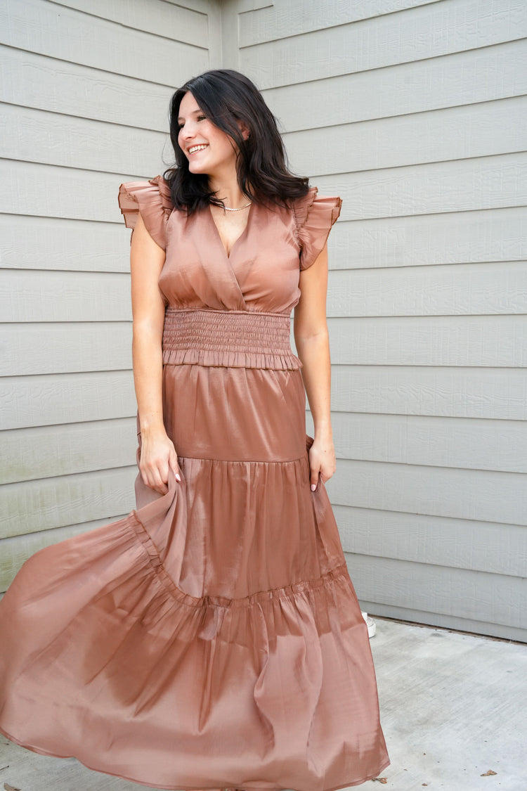 Mocha Satin Tiered Maxi Dress