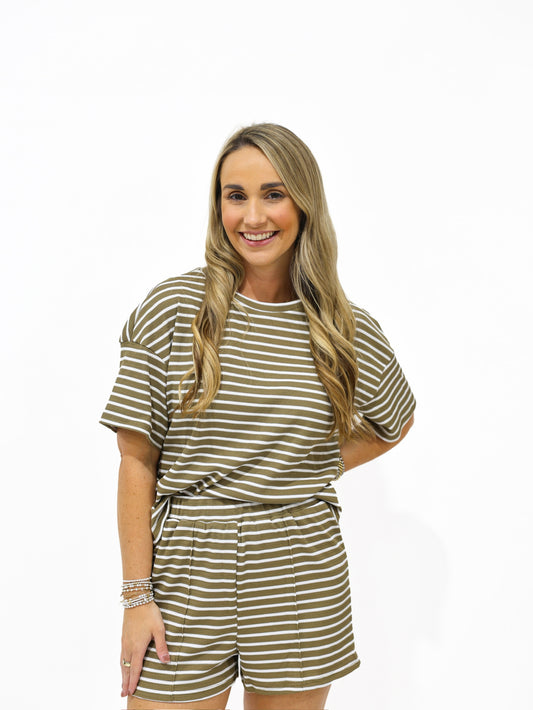 Khaki Striped Lounge Short Set - Southern Belle Boutique